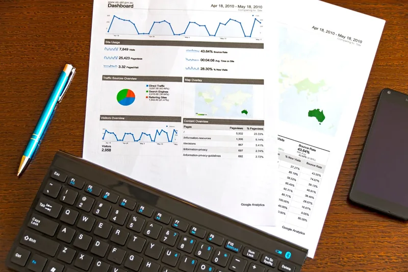 Analytics data dashboard showing ecommerce marketing performance metrics and growth trends